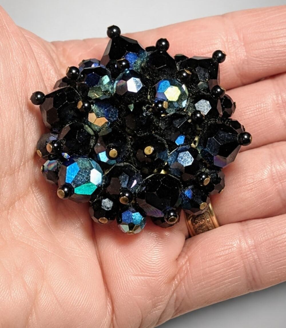Vintage Black Glass Brooch Pin‎ 2" Blue AB Finish Silver-tone Beaded so221